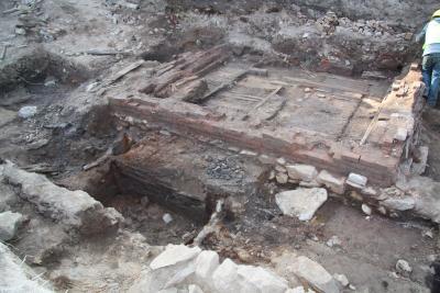 Brick and stone foundation, Deadwood Recreational Center Pool Addition, summer 2009